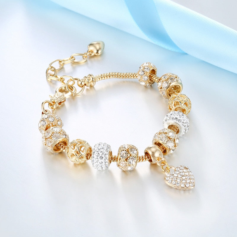 Pulseira feminina coração e cristais