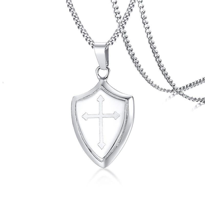 Corrente de aço - Cruz divina formato em escudo (oração em Inglês)